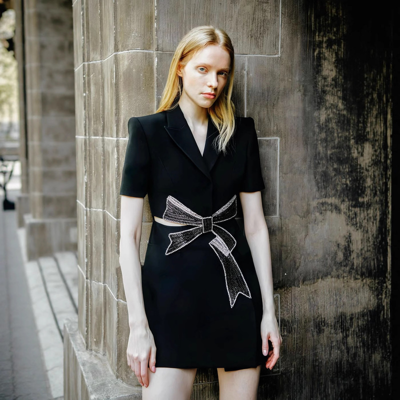 Luxurious Diamond-Studded Large Bow Waist-Exposing Hollow Suit Dress Summer Slim-Fit Elegant Short Suit Dress
