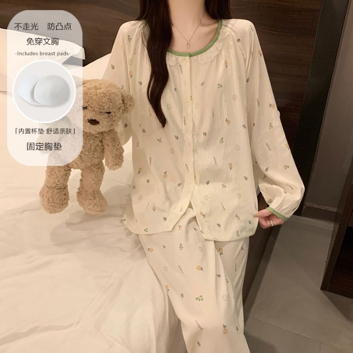 甜美小香风睡衣女秋季新款云朵棉圆领开衫长袖带固定胸垫睡衣套装|undefined