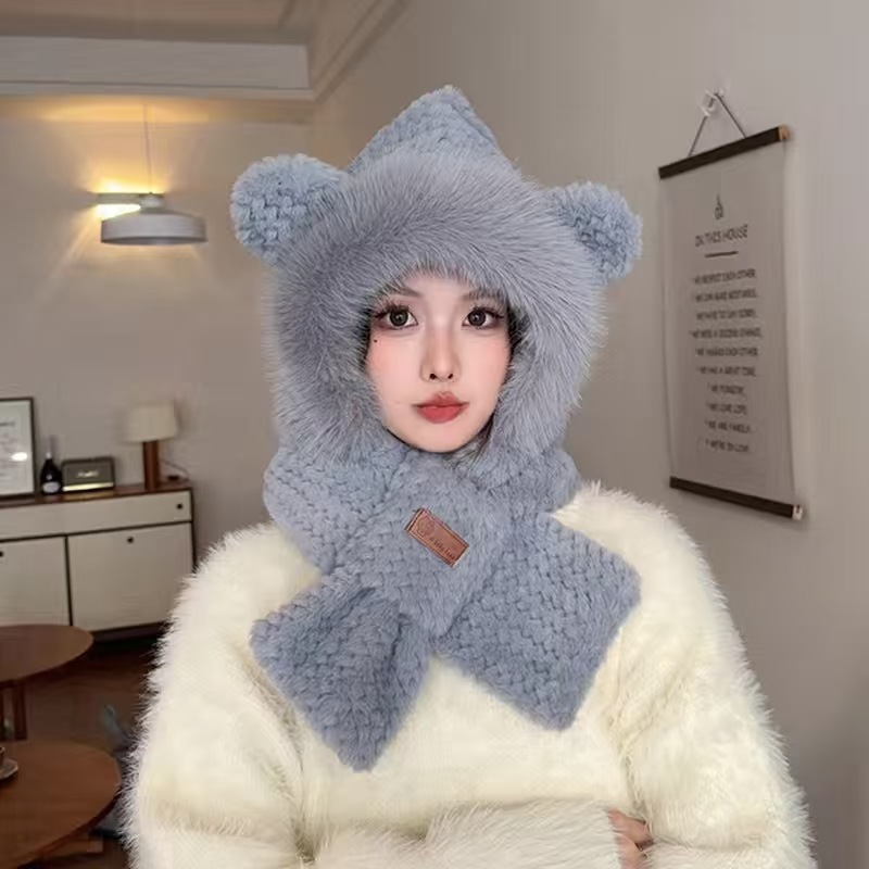 冬季新款日系可爱小熊毛绒帽子围巾手套一体女骑车加厚保暖护耳帽|undefined