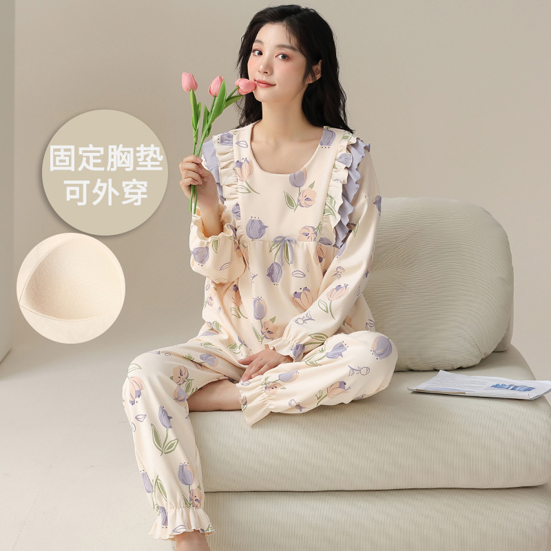 [With chest pad] High quality pajamas women's spring and autumn 40 cotton wear-free underwear can be worn outside home wear suit
