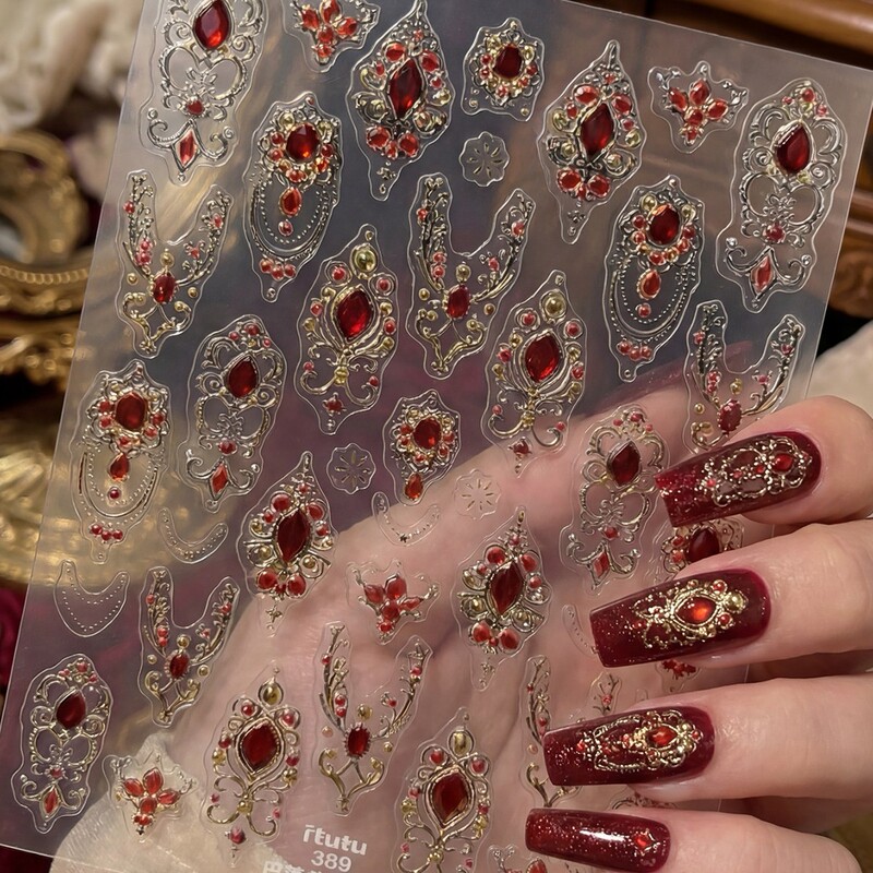 Vintage Gold Stamping Gel Craft Self-Adhesive Nail Stickers Red and Green Scepter High-Quality Nail Art DIY Decals 389