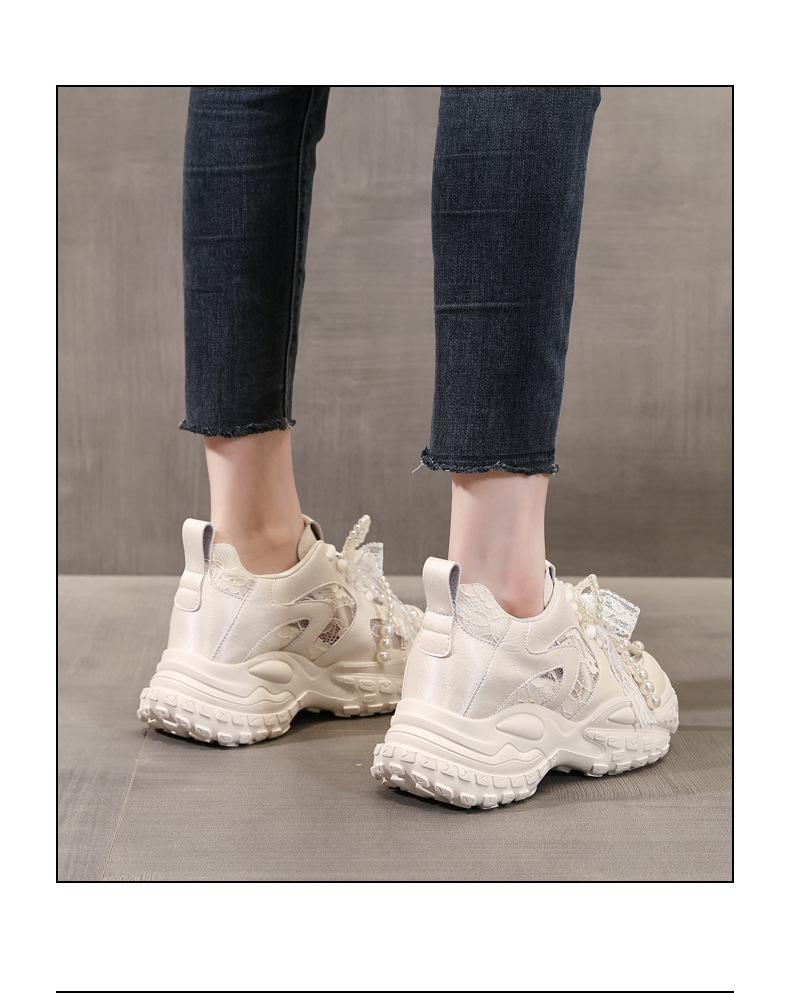 Giày sneaker nữ đế dày tăng chiều cao, phối ngọc trai và nơ, phong cách bánh xốp — Màu be chi tiết 16