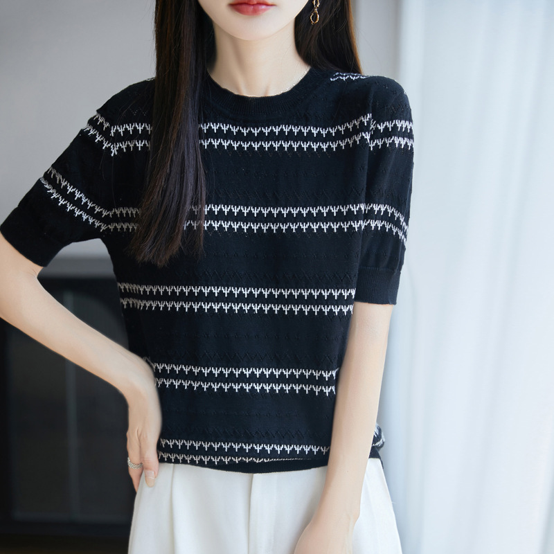 25 Years New Summer Pure Cotton Round Neck Knitwear Short-Sleeved T-Shirt Women's Cut Out Jacquard Loose Bottoming Shirt Top