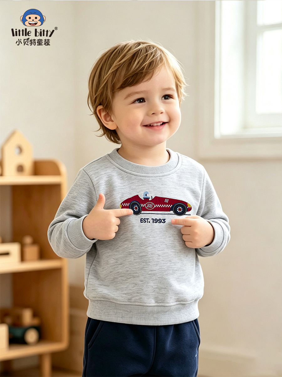 Cross-border supply: Fall/Winter 2026 boys' retro embroidered children's crew neck sweatshirt, casual pullover, in-stock top