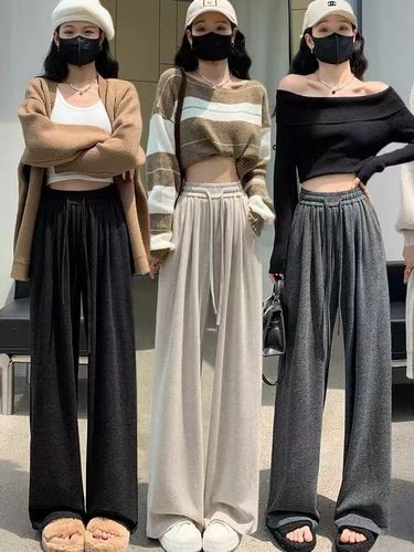Corduroy, glutinous rice, Yamamoto-style women's autumn pants: relaxed-fit, long-length design with straight legs and a drawstring, featuring a high-waisted, wide-leg silhouette.