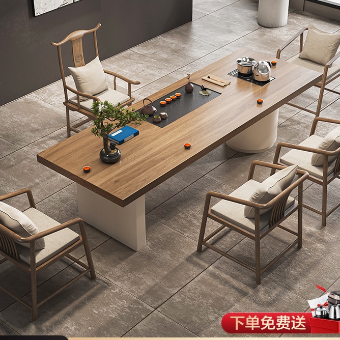 [업그레이드된 럭셔리 모델] 2.0m 티 테이블 + 호스트 체어 + 게스트 체어 4개