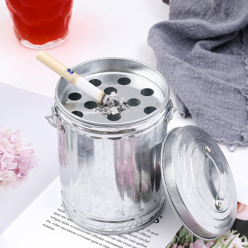 Japanese Echo Large Iron Galvanized Ashtray with Lid, Creative Home-Use Personalized Living Room Ashtray Trash Can for Desktop