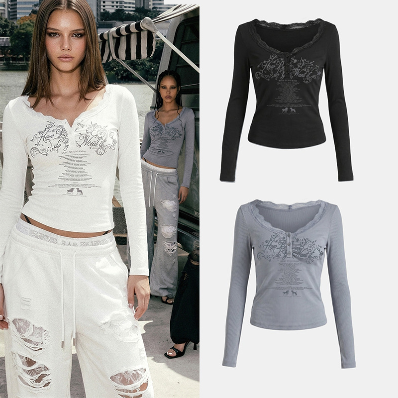 Korean badblood American-style V-neck lace-trimmed white top, slim-fit printed base layer, versatile long-sleeve T-shirt for hot girls Korean badblood American-style V-neck lace-trimmed white top, slim-fit printed base layer, versatile long-sleeve T-shirt for hot girls