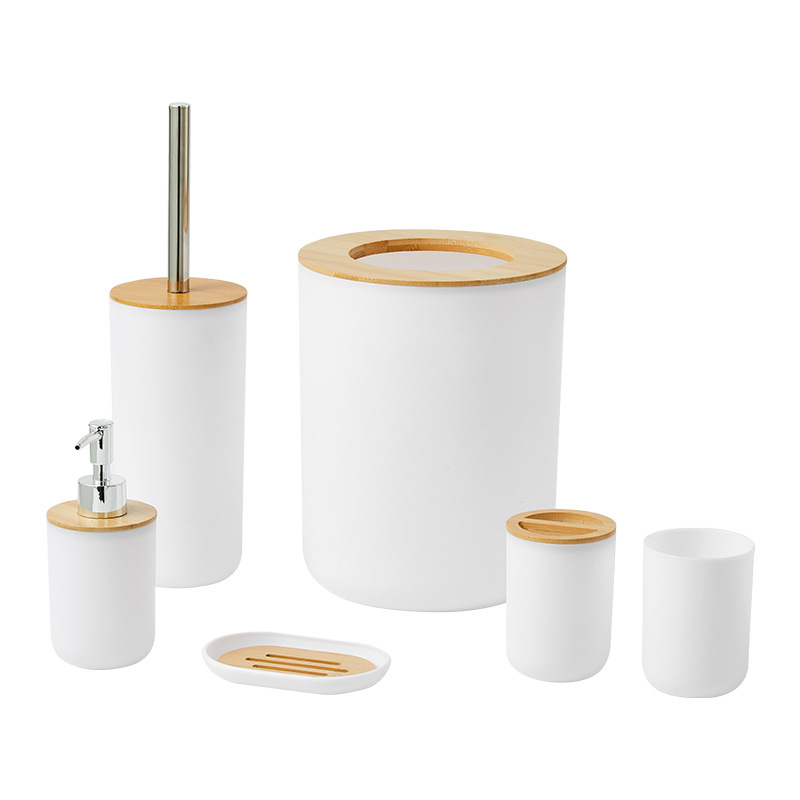 Fabricante de monjes con bote de basura redondo cepillo de dientes taza caja de jabón almacenamiento de baño set de seis piezas