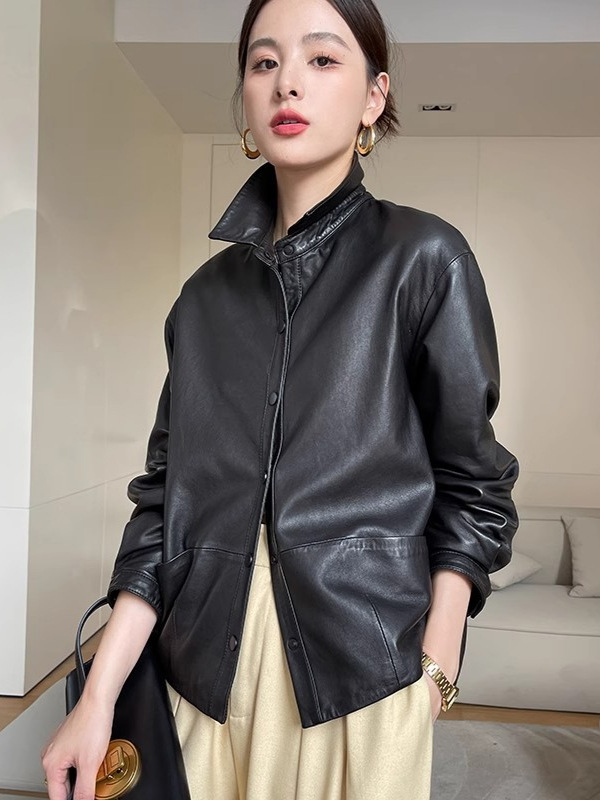 2025 New Autumn and Winter Genuine Leather Jacket Women's Shirt Collar Short Black Sheepskin Casual Simple Leather Jacket Jacket