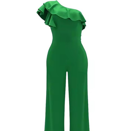 Elegant Women's European and American Amazon Fashion Bodysuit with Asymmetrical Shoulder and Lotus Edge Design, Stylish Long Dress
