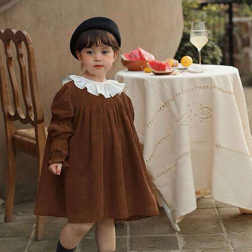 Girls 'retro corduroy lace collar bubble sleeve dress