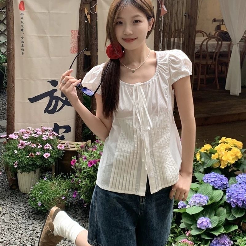 Korean Style Retro Sweet Lace-Up White Short-Sleeved Shirt for Women Summer Design Niche Shirt Puff Sleeve Top