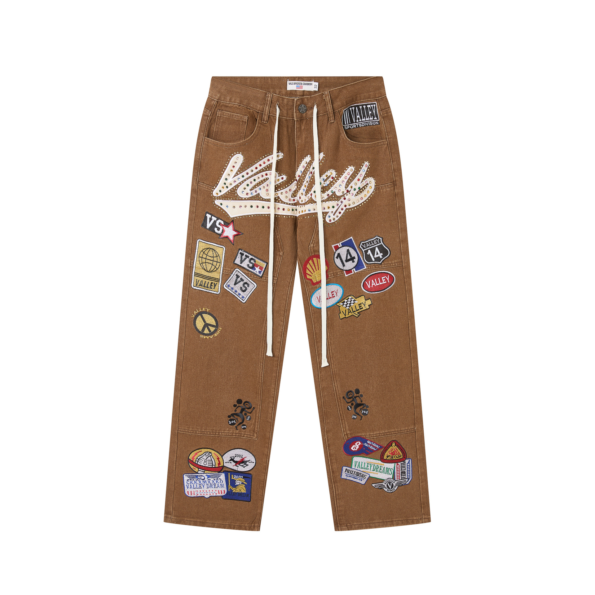 ValeForever Jeans Rhinestone Patchwork Brown