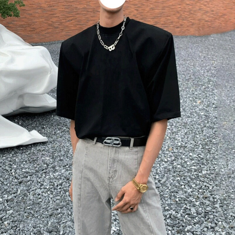 Light Mature Style Men's Shoulder Pad T-shirt Men's Hair Stylist Trendy Brand Heavy Weight Short Sleeve Inner Small Neck Half Sleeve Base Shirt Light Mature Style Men's Shoulder Pad T-shirt Men's Hair Stylist Trendy Brand Heavy Weight Short Sleeve Inner Small Neck Half Sleeve Base Shirt