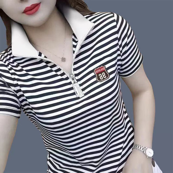 Cotton New Arrival All-Match Stylish Polo Shirt Striped Slim T-Shirt Summer Fashionable Zipper Half Open Collar Short Sleeve