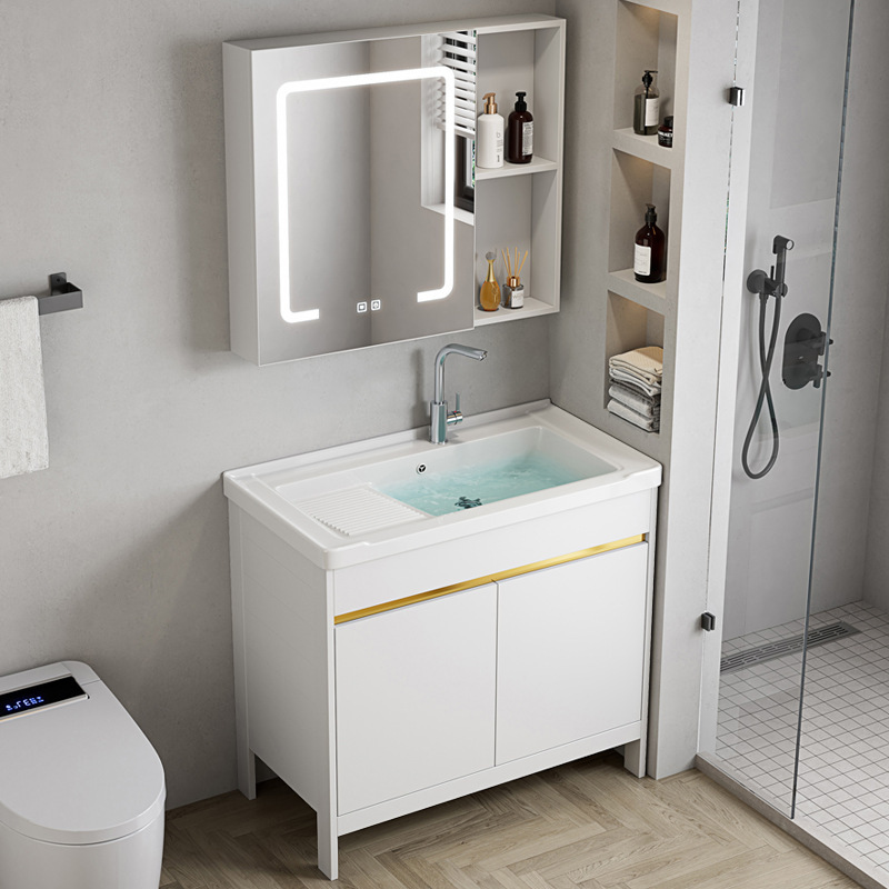Floor-to-Floor Bathroom Cabinet Wash Pool Balcony Wash Table Basin Cabinet Combination Space Aluminum Bathroom Wash Table with Washboard