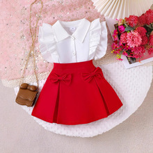 跨境外贸爆款春夏季女童裙套装纯色飞袖立领上衣蝴蝶结短裙两件套