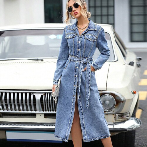 Women's Autumn/Winter Long Sleeve Tied-Waist Dress with Denim Jacket Top - Versatile and Elegant - Independent Station