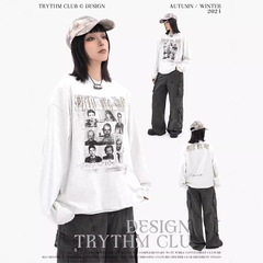 TRYTHMCLUBアルファベットジャカード指名手配プリント長袖tシャツ男女電話番号新型花灰スウェット