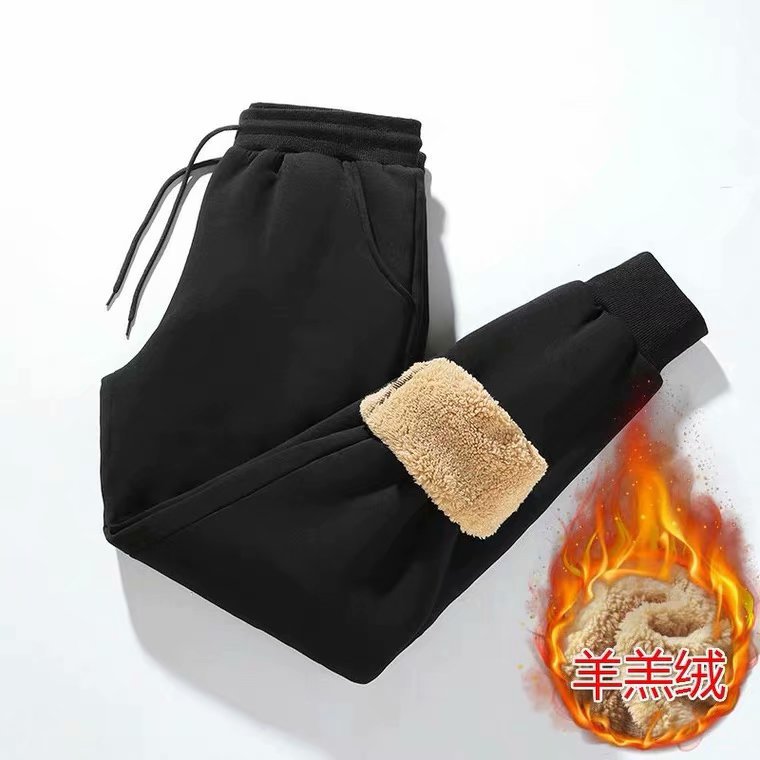 Men's autumn and winter cotton trousers, Korean style, trendy, fleece-lined, thickened lamb fleece, casual sweatpants, sports knitted trousers