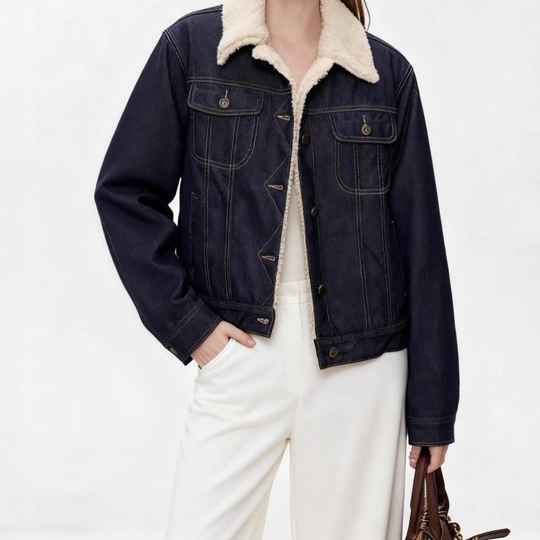 2025 New Winter Velvet Thickeneded Jacket Tops American Retro Lamb Wool Denim Jacket for Women