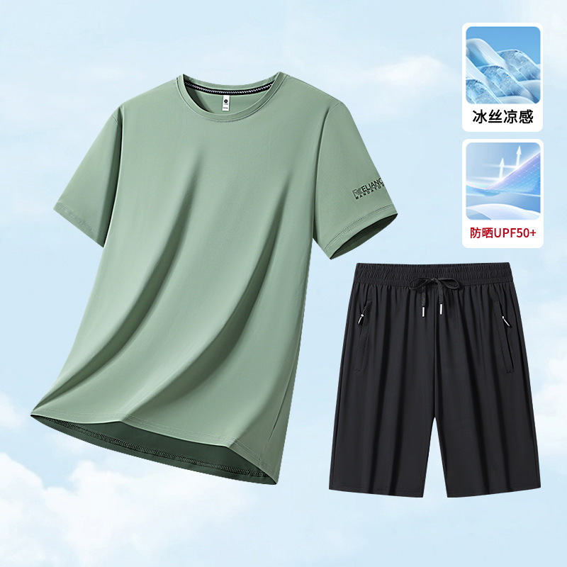 L-7Xl Large Size Men's Summer Sports Suit Short-Sleeved T-Shirt Casual Pants Ice Silk Pants Two-Piece Set Summer L-7Xl Large Size Men's Summer Sports Suit Short-Sleeved T-Shirt Casual Pants Ice Silk Pants Two-Piece Set Summer