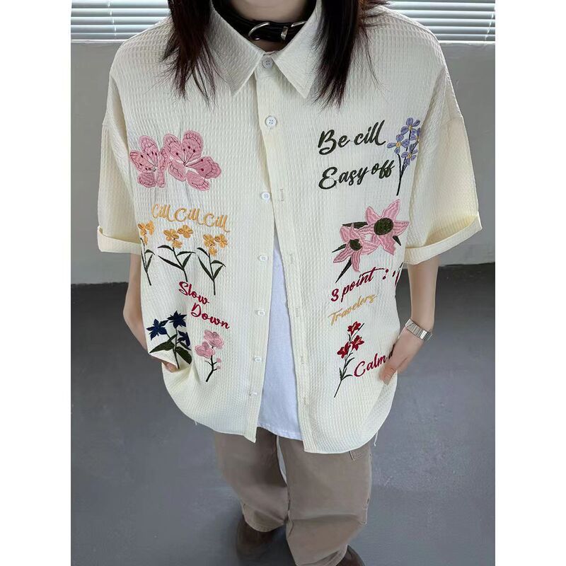 Summer Loose Hong Kong Style Shirt Men's Short Sleeve Easiest for Match Casual Waffle Color Floral Heavy Industry Embroidery Men's Shirt