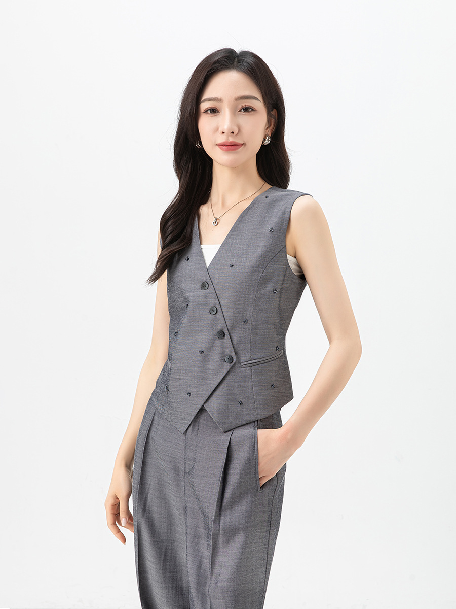 Bộ vest nữ phong cách tiền cũ Xinge áo vest gile quần ống rộng vải lanh Tencel mỏng mùa hè — Vest xám (65473)