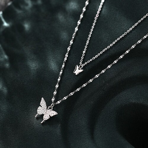 Butterfly double-layer necklace women's niche design temperament silver-plated jewelry ins cold style clavicle chain