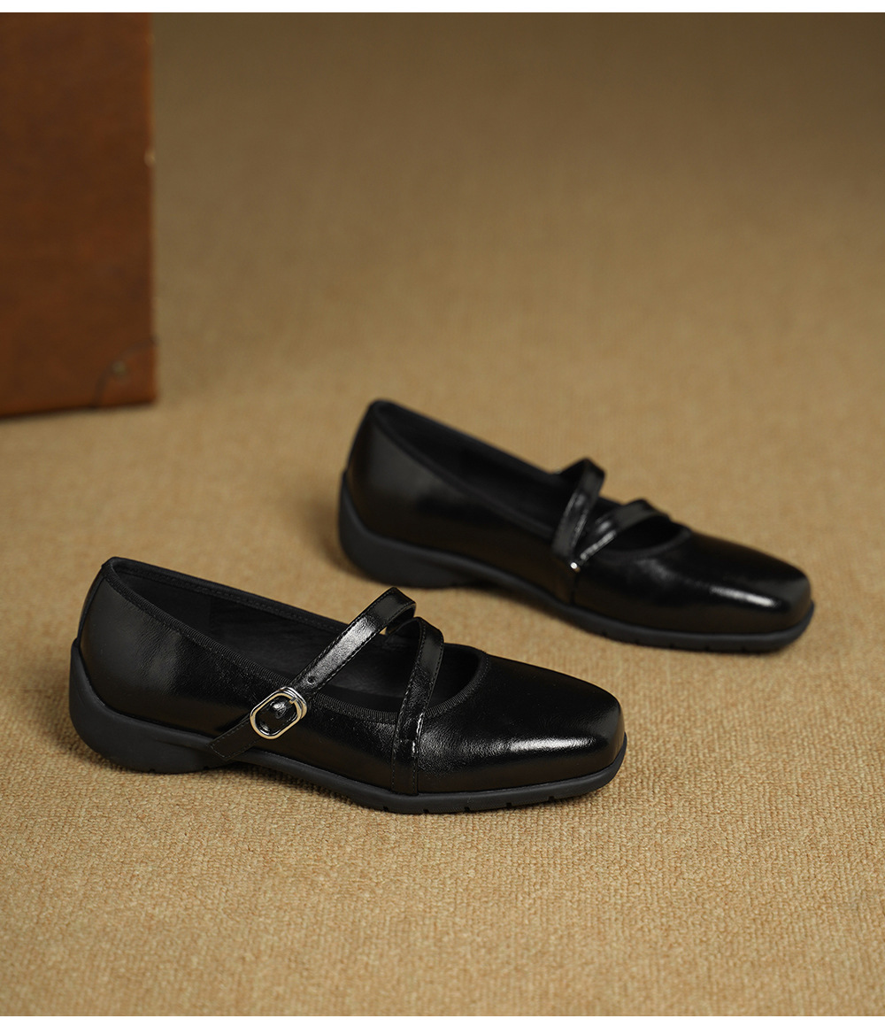 Giày Mary Jane nữ da cừu miệng nông đế bệt phong cách học sinh quai ngang khóa Velcro — đen chi tiết 15