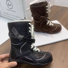 马丁靴女童2025新款韩版小众圆头系带中筒靴软底复古棕色拳击皮靴