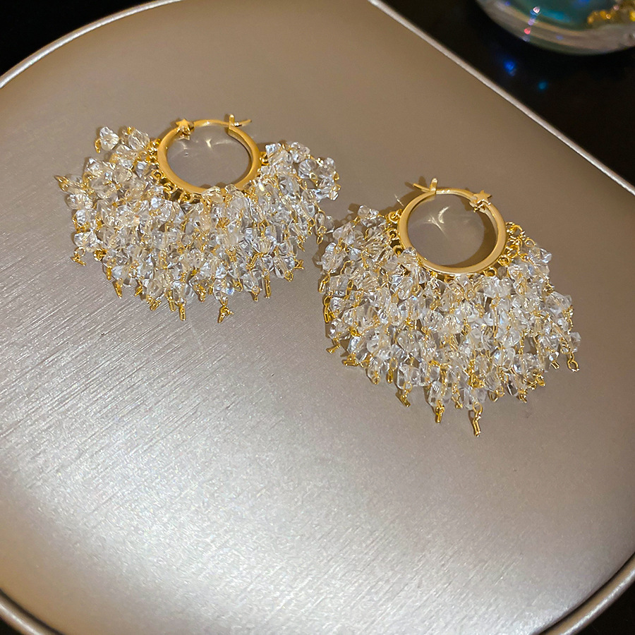 18k oro real galvanizado aguja de plata circón cristal artificial borla pendiente personalidad pendiente de nicho temperamento aretes de alta gama