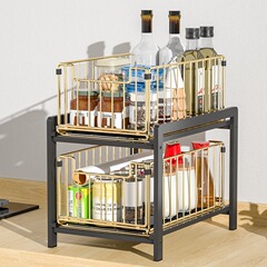 アマゾンの台所の食器棚の下の水槽の棚の調味料の棚のテーブルの双方向のバスケットの多機能の収納棚