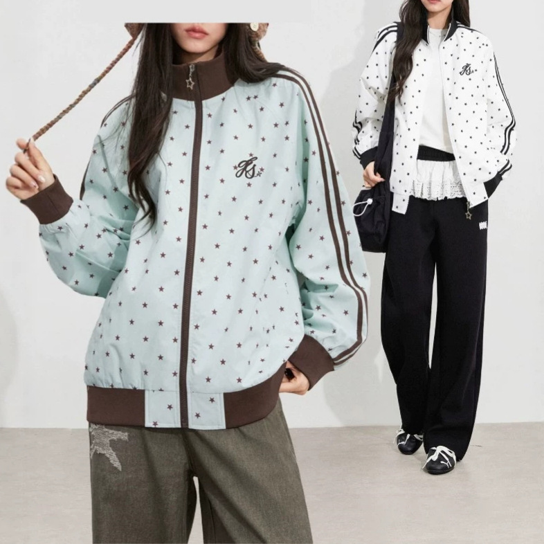 2026 New Early Autumn Star Print Contrast Color Jacket for Women, American Style Three-Stripe Loose Stand-Up Collar Casual Sports Jacket 2026 New Early Autumn Star Print Contrast Color Jacket for Women, American Style Three-Stripe Loose Stand-Up Collar Casual Sports Jacket