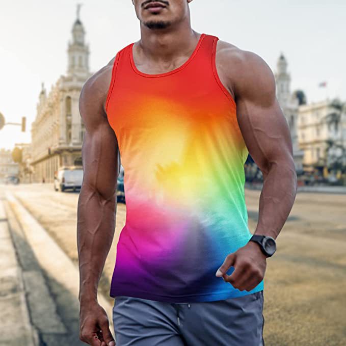 Cross-Border Foreign Trade Men's Round-Neck Vest, Cool Vacation and Water Play Casual Vest, Rainbow Gradient Print Vest