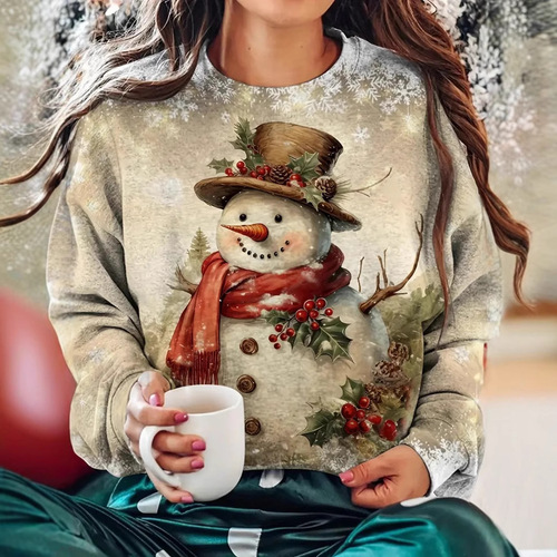 Hot-selling women's Christmas snowman snowflake pattern full-body printing round collar casual women's sweaters source factory