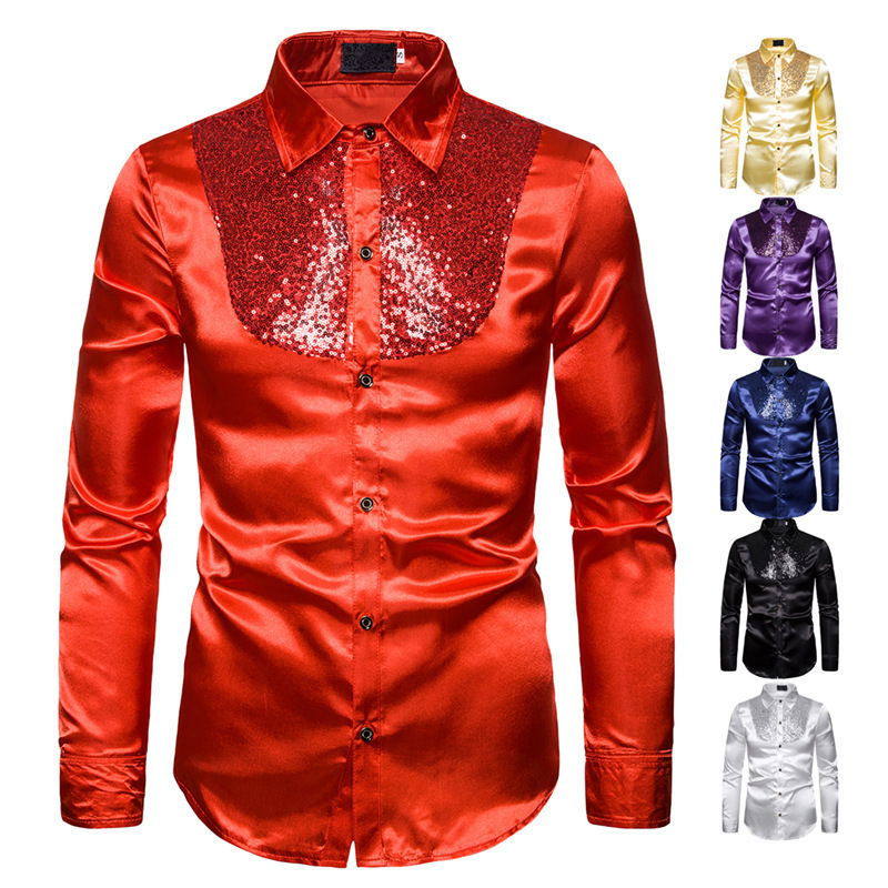 Men's Shirt with Sequins for Performances, Nightclub Wear, Host Attire, Cross-Border Men's Long-Sleeve Collared Shirt S09 Men's Shirt with Sequins for Performances, Nightclub Wear, Host Attire, Cross-Border Men's Long-Sleeve Collared Shirt S09