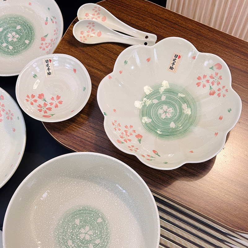 Japanese style cherry blossom powder ceramic bowl plate suit underglaze color high-looking rice bowl soup bowl dipping dish ramen plate
