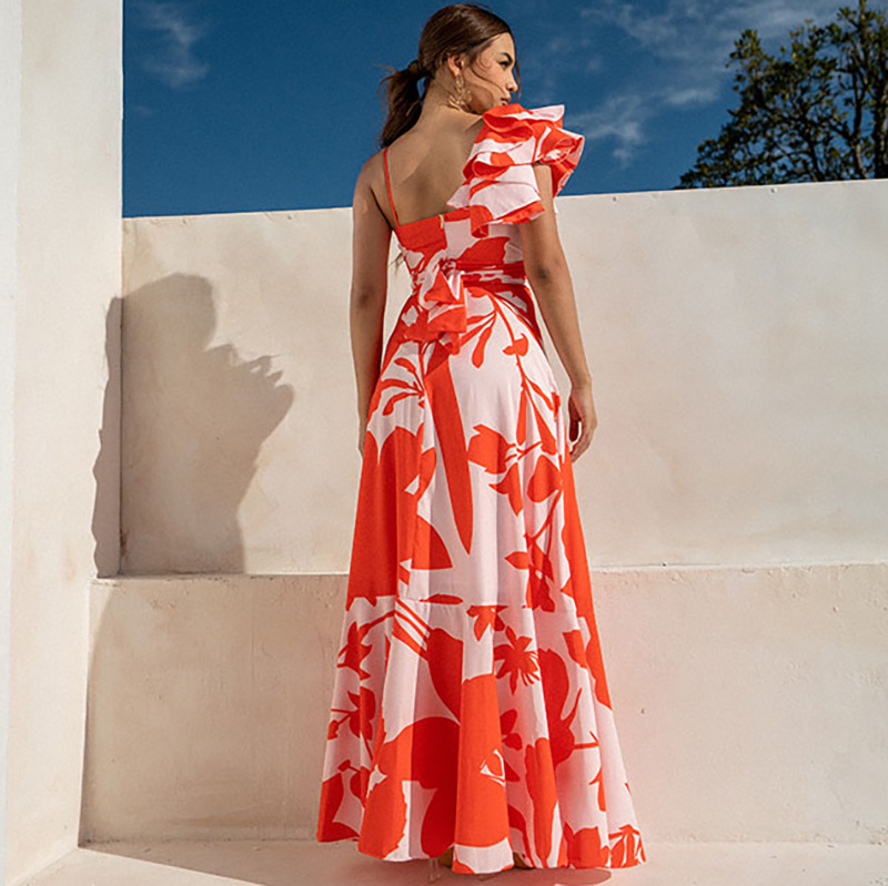 Printed Ruffled V-neck Spaghetti Strap One-piece Swimsuit Suit