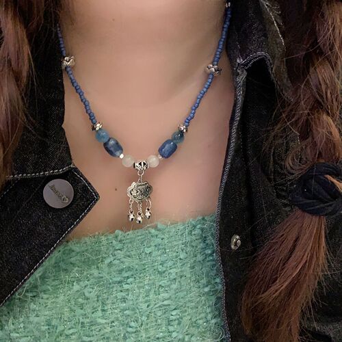 Ancient-style long-life lock necklace, new Chinese ethnic style pendant lockchain,  new handmade bead necklace, fashionable choker