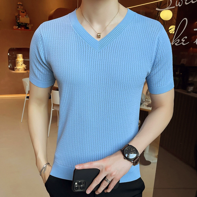 Летняя мужская Трикотажная футболка с короткими рукавами и V-образным вырезом и короткими рукавами до локтя, большие размеры, дышащая футболка из ледяного шелка, тонкая Базовая рубашка, модный свитер
