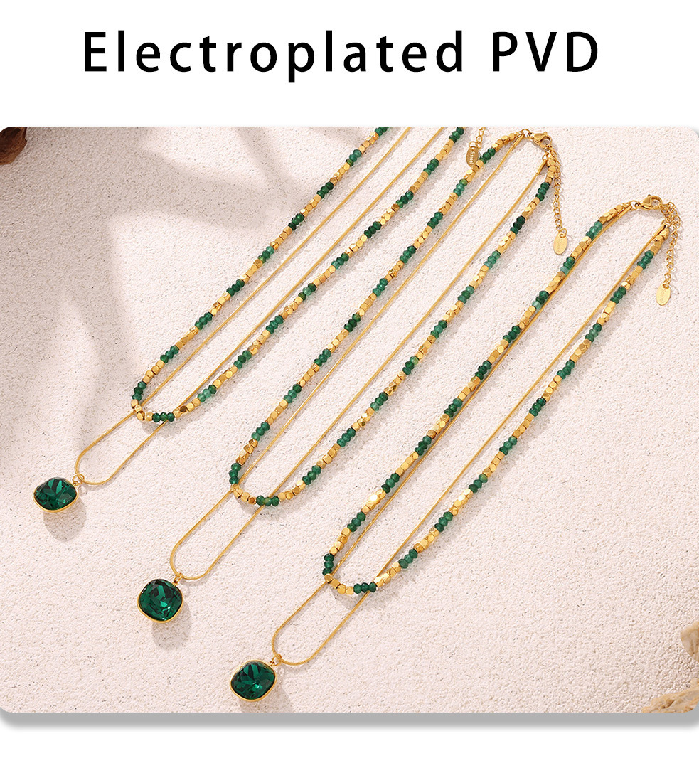 Natural Stone Crystal Pendant Necklace Double Layer Stainless Steel_voghion.com
