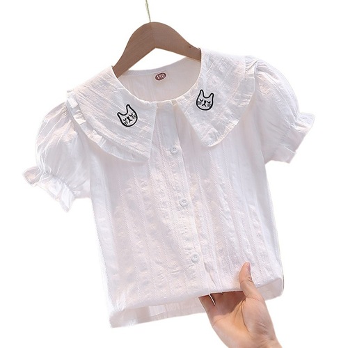 Baby Girl Short Sleeve Top 2025 Summer Korean Style Baby Collar Blouse Children's White Shirt