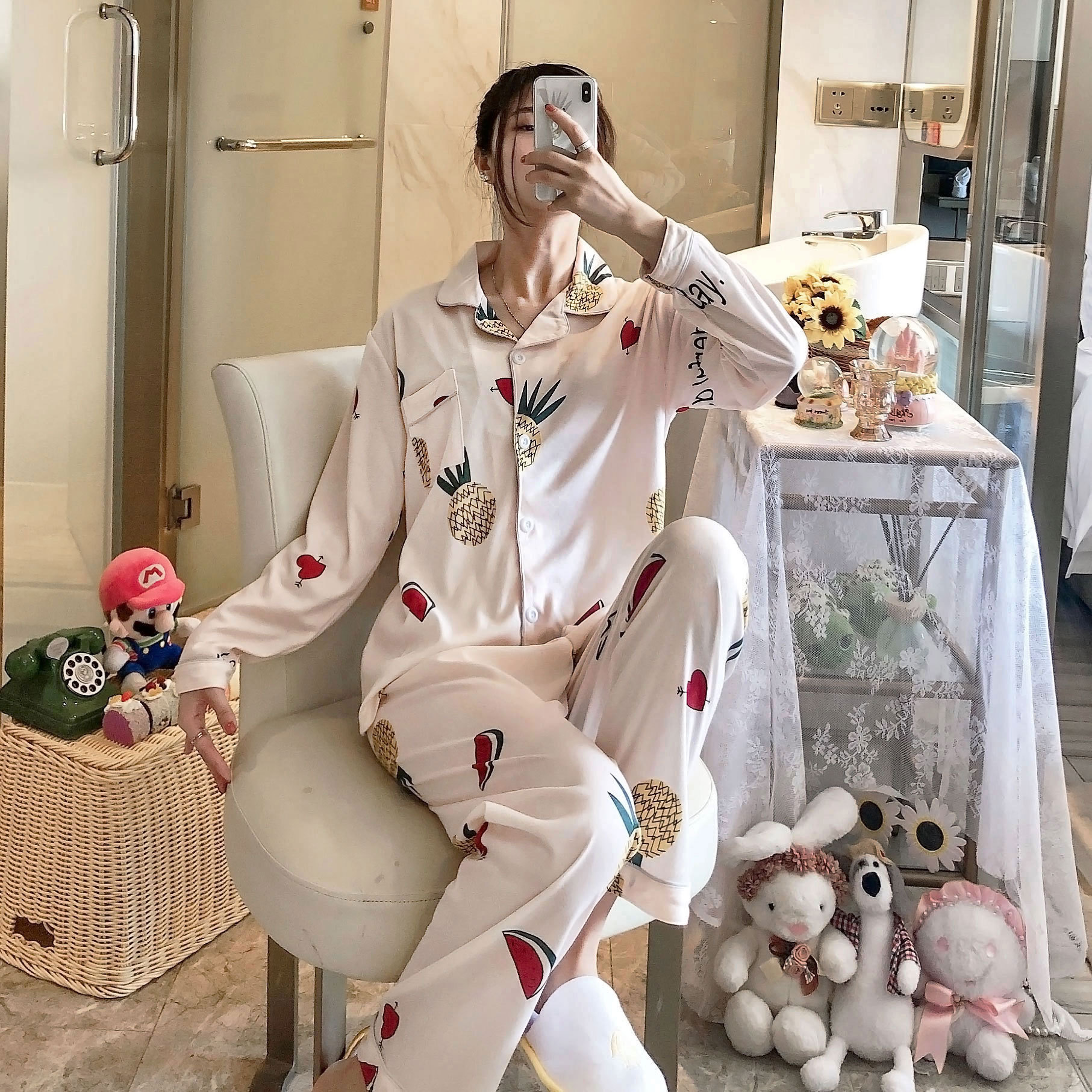 〖Flores dulces〗 Pijamas para madre, mangas largas para mujer, primavera, otoño e invierno, ropa a domicilio para mujer, traje suelto de talla grande