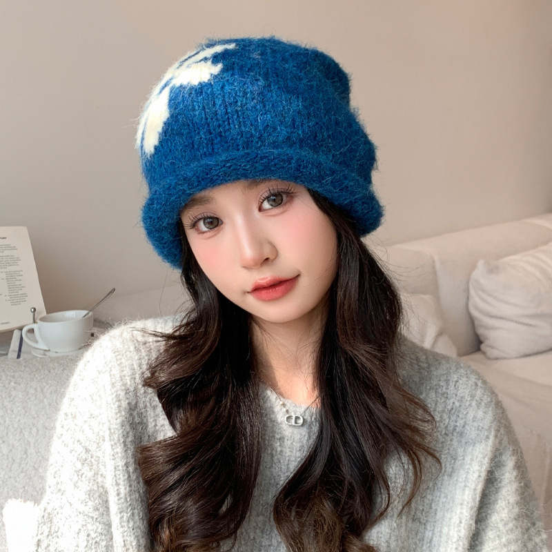 韩系可爱花朵针织毛线帽子女秋冬季百搭防风保暖堆堆帽大头围冷帽|undefined