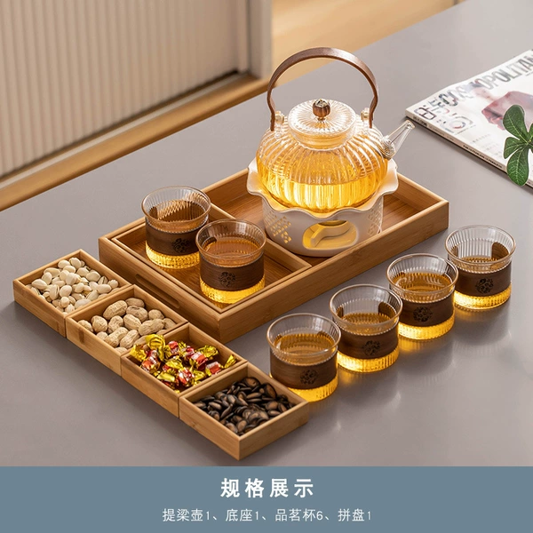 Transparent "Chrysanthemum Petal" handle pot + white "Exquisite Lotus Leaf" candle holder + candle spoon + transparent (vertical pattern) host 6 cups + log (small size) tea snacks and dried fruit plate + (