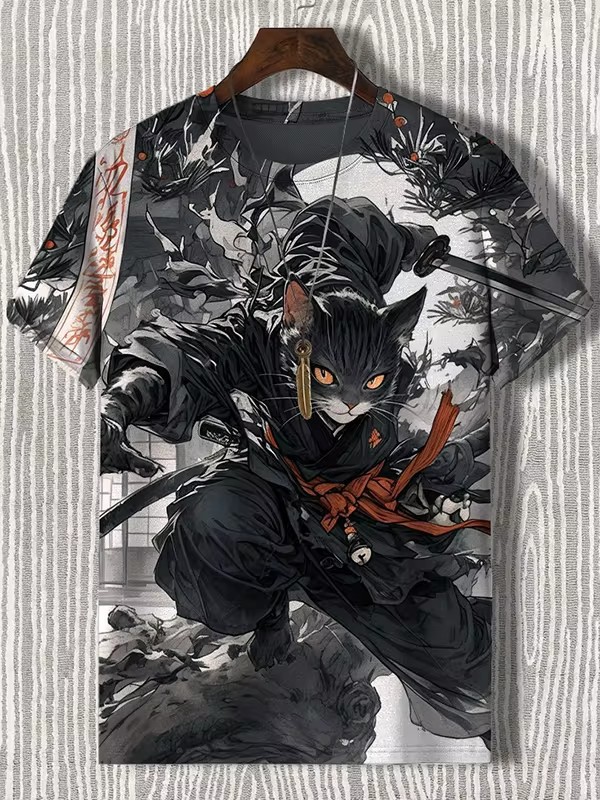 Tinta Jianghu Cat Dog Hero 3D Impresión digital Spot Moda callejera para hombres Camiseta de manga corta con cuello redondo y hombro
