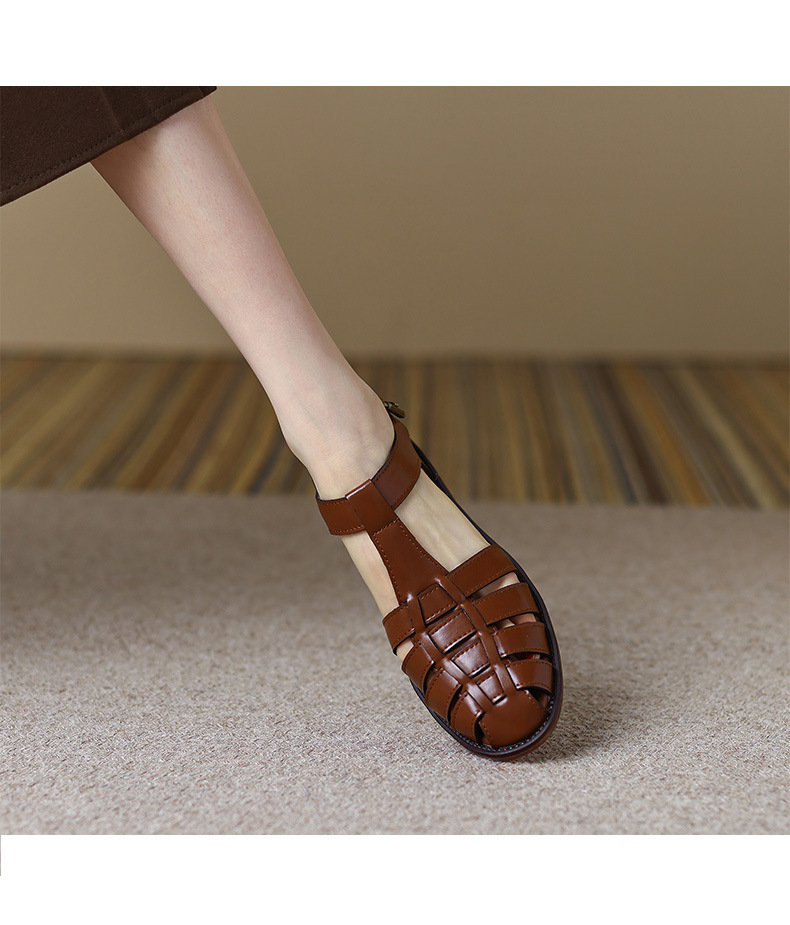 Dép sandal nữ quai chữ T dệt đế mềm phong cách retro — nâu chi tiết 8