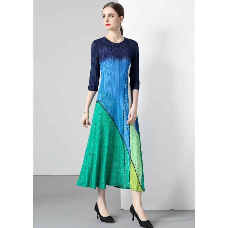 2025 European and American Fashion Elegant Miyake Ruffle Slim-Fit Slim Contrast Color Line plus size Women's Printed dress